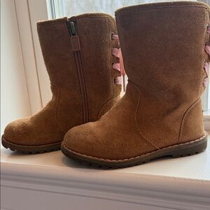 UGG Girls Brown Suede Boots with Pink Ribbon Back Detail